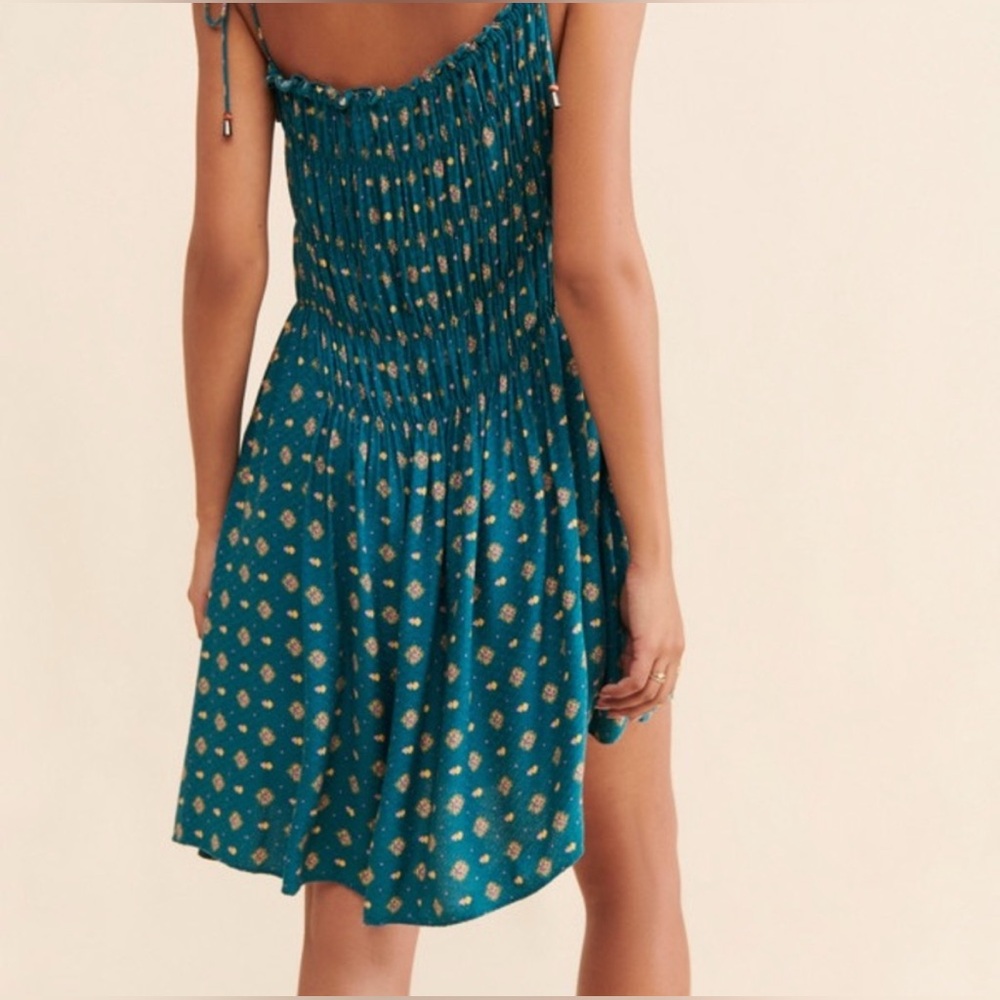 Free People Clementina Ruched Asymmetrical Floral Mini Dress Teal Size XS fits M - Picture 7 of 11